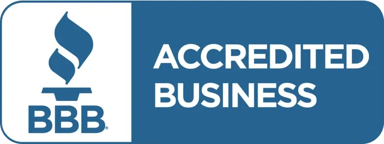 BBB Accredited Business logo with a blue background and white flame symbol on the left.